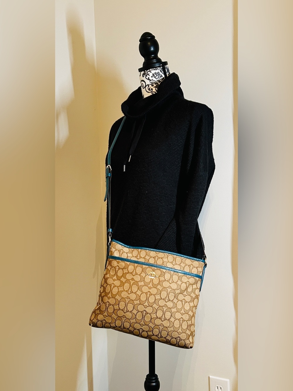 Coach Signature File Crossbody bag Khaki Canvas Teal Leather Trim Good Condition